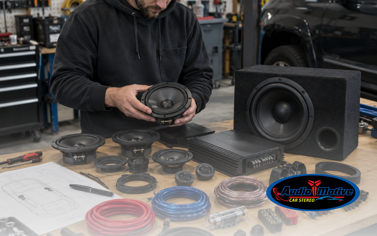 Car audio system planning with speakers, amplifier, subwoofer, and wiring components