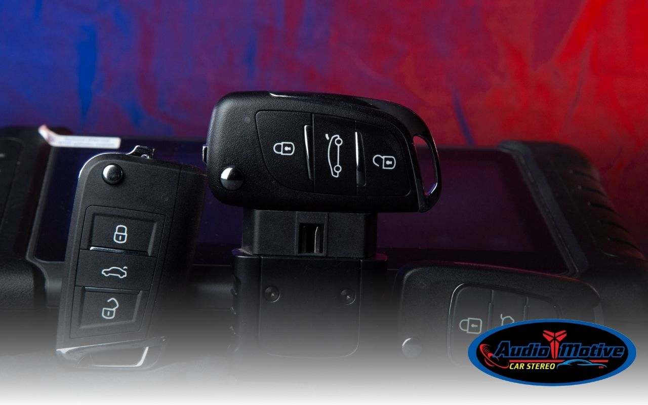 Collection of car theft prevention tools including alarm remotes and GPS trackers