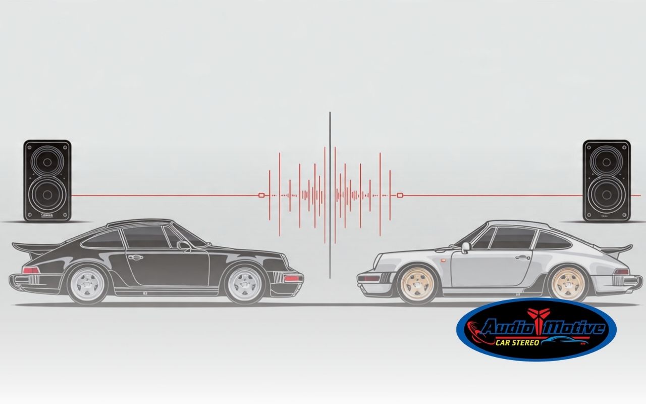 Diagram explaining active vs passive crossovers car audio in a basic system