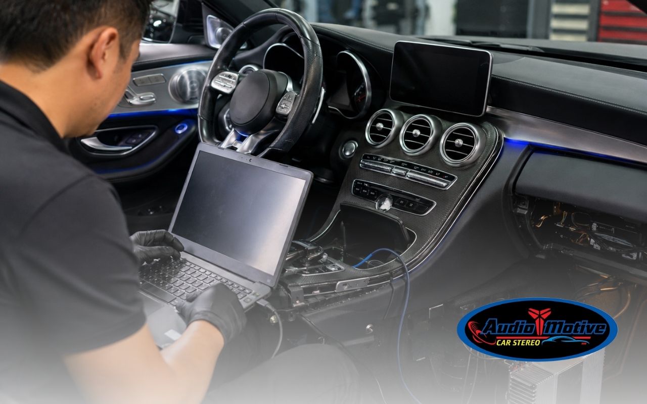 Technician tuning car audio DSP in the Bay Area for clearer sound