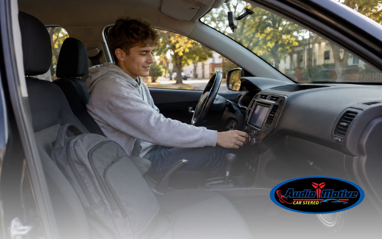 Student enjoying back-to-school car audio upgrades during a daily commute