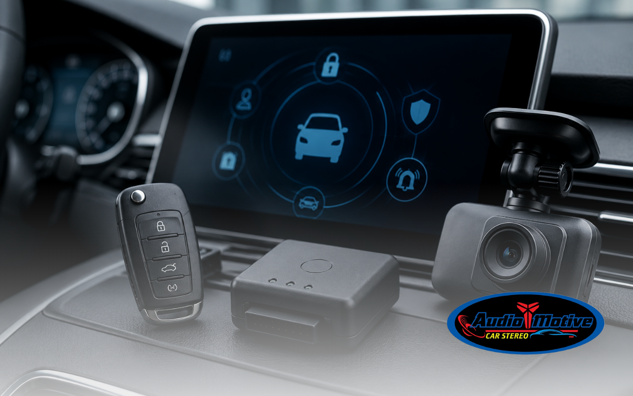 Smart car security systems displayed on a modern vehicle dashboard