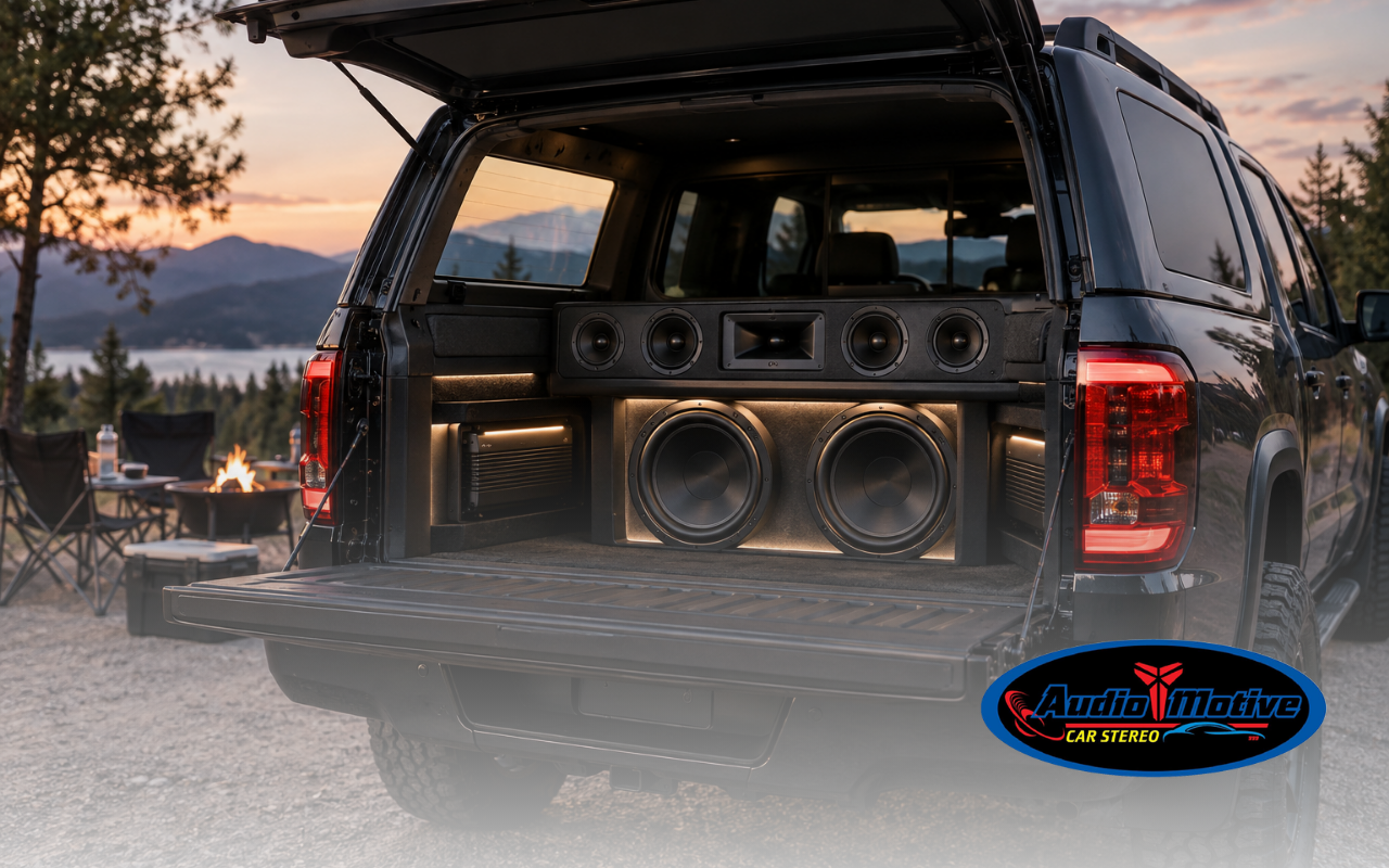 Car audio for trucks and SUVs tailgate 2026 setup with speakers and subwoofer