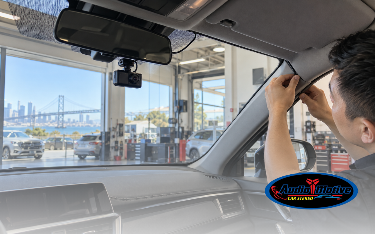 Dash cam installation in Fremont CA with front camera mounted behind the rearview mirror