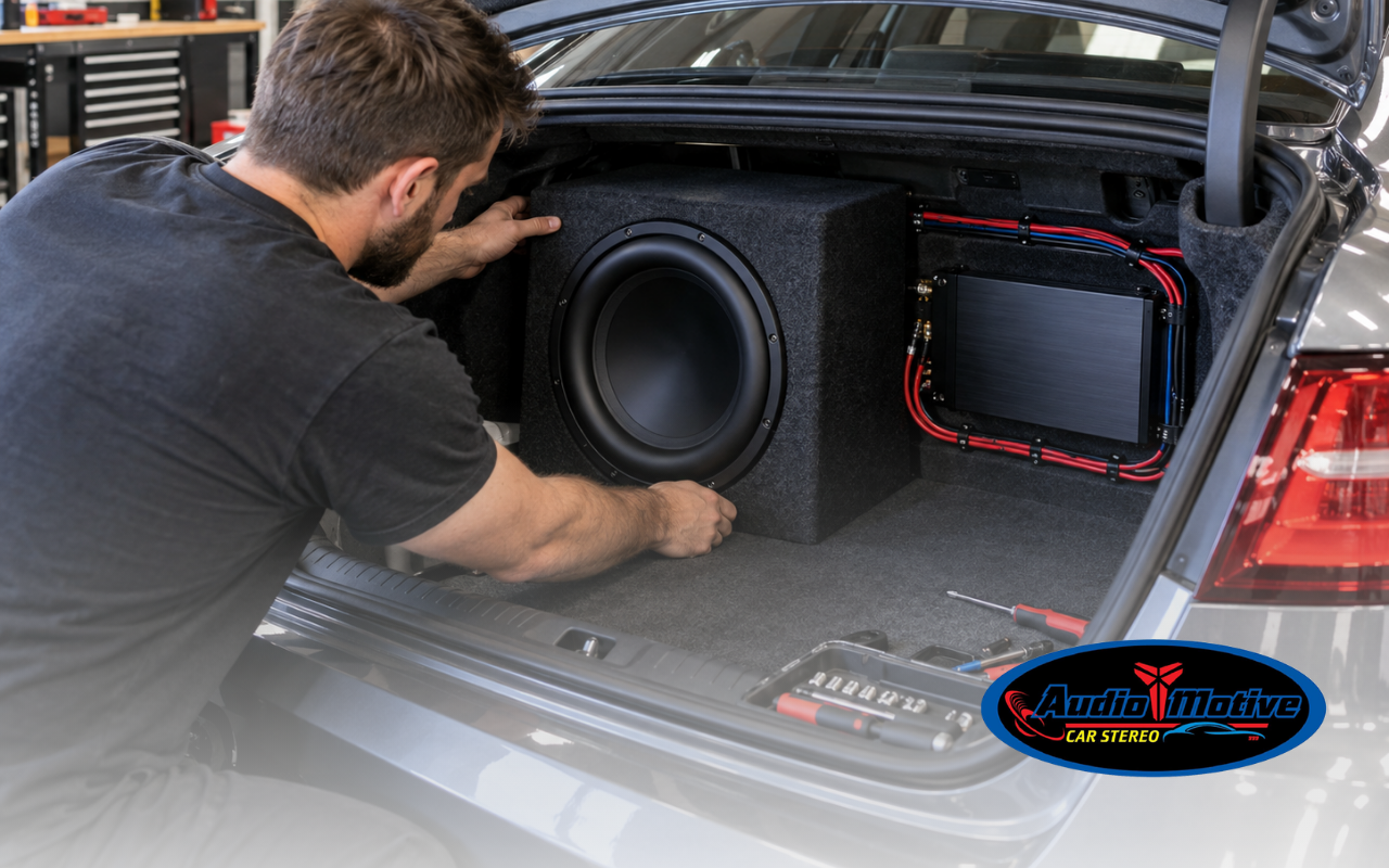 Subwoofer installation in San Leandro CA inside a sedan trunk