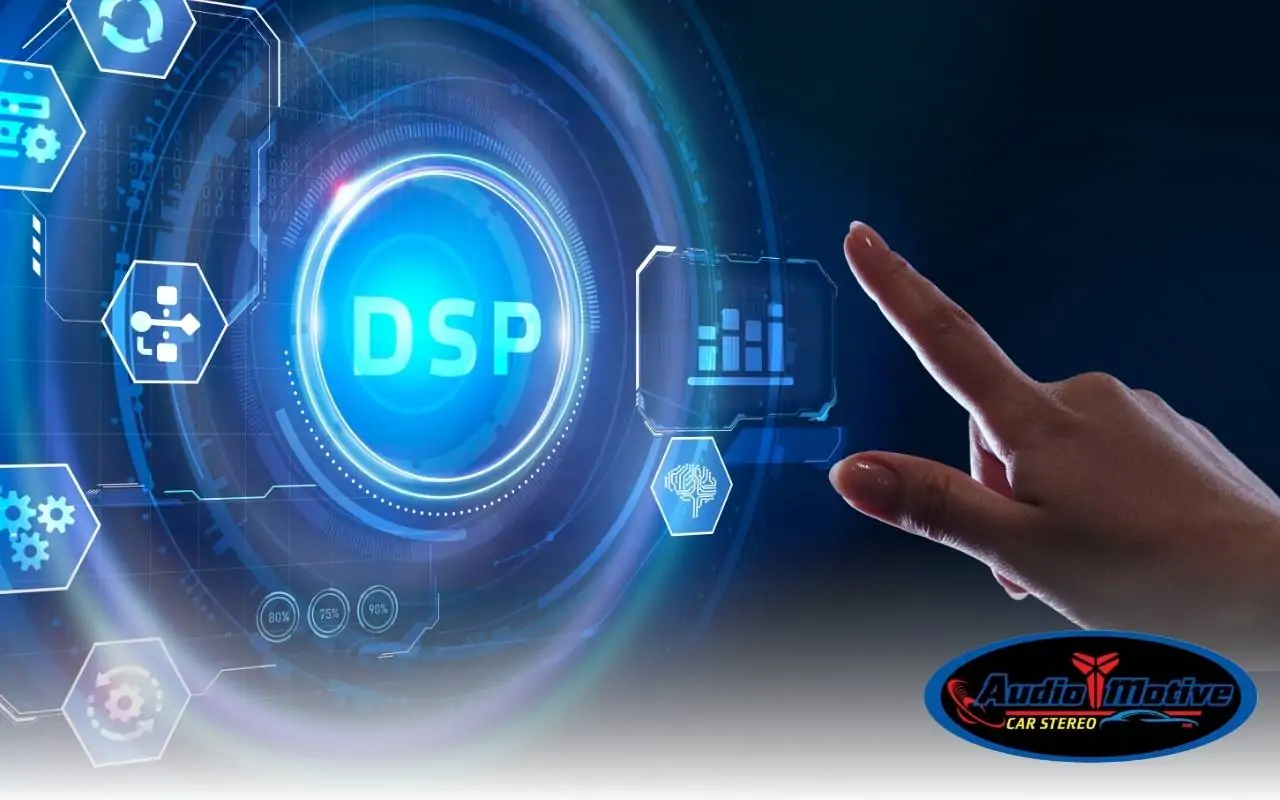 Car audio DSP showing detailed equalizer settings on screen