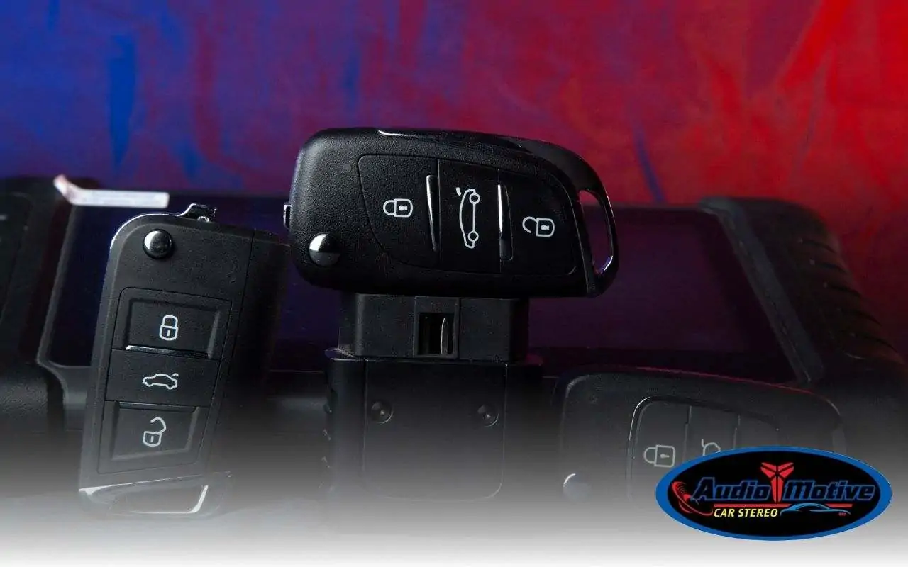 Collection of car theft prevention tools including alarm remotes and GPS trackers