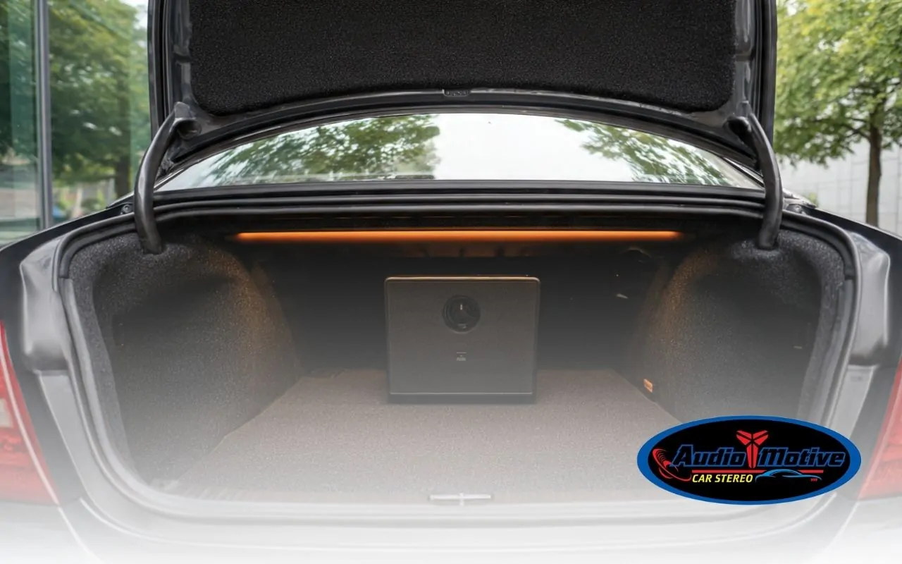Subwoofer Placement: Trunk vs Rear Deck shown with a trunk subwoofer box in a sedan trunk